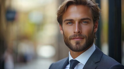 Sticker - A well-dressed man smiles confidently in a bustling urban street during a sunny day