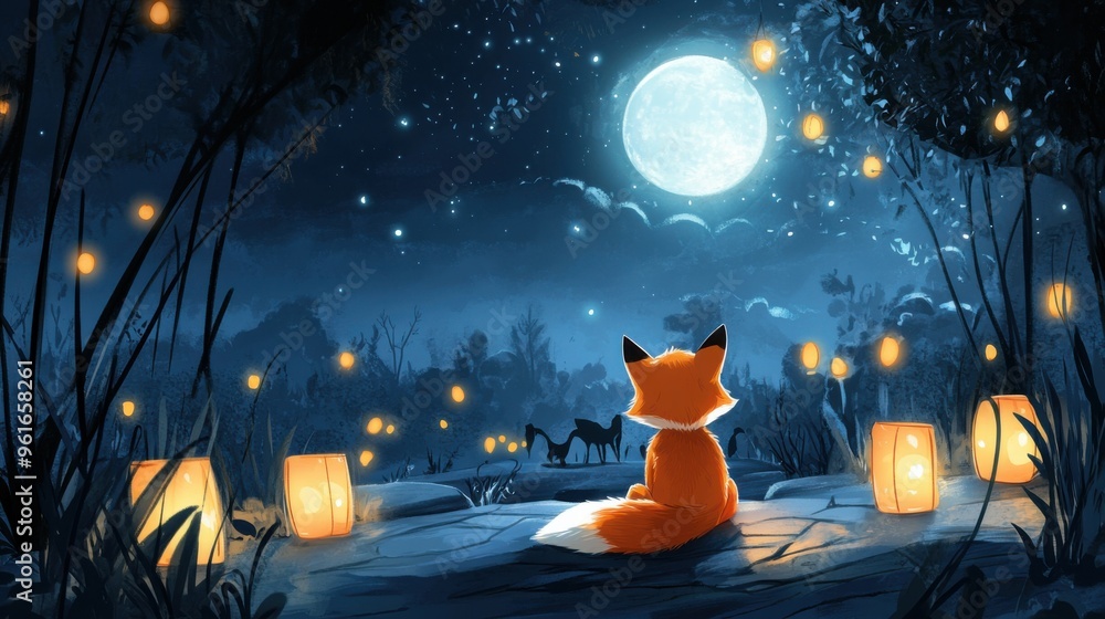 A cute cartoon fox sitting on a hill under a starry night sky, gazing ...