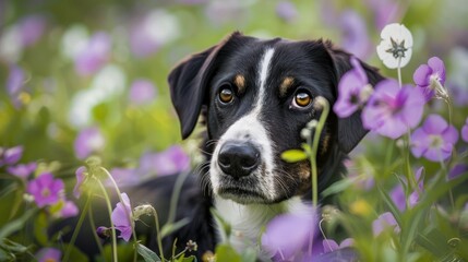 Wall Mural -  A tight shot of a dog in a floral field, surrounded by purple blooms, and a white flower in the foreground