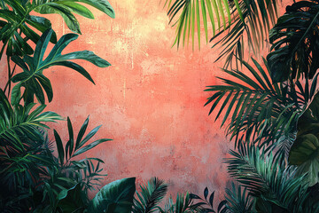 Wall Mural - A Lush Oasis: Vibrant green leaves frame a textured peach wall, inviting you to escape into nature's embrace.