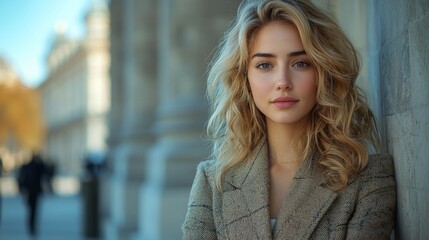 Young woman with wavy blonde hair posing confidently outdoors near historical architecture in soft afternoon light