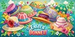 © Sirinporn - Easter bonnet holiday background with decorated hats and lively parade bold and festive atmosphere comic illustrations defined edges playful text overlays