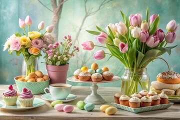 Wall Mural - Easter brunch background with flower arrangements and delicious treats elegant and sophisticated style watercolor illustrations soft colors delicate lines