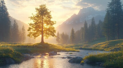 Wall Mural - sunrise over a serene mountain landscape with vibrant trees and a flowing river in a tranquil settin