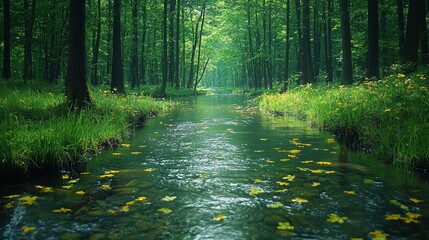 Wall Mural - a serene forest stream surrounded by lush greenery and blooming yellow flowers in early spring