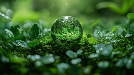 Wall Mural - a crystal-clear sphere rests amidst lush green foliage, reflecting the vibrant nature of a serene fo