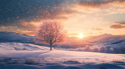 Wall Mural - A pink tree in a snowy winter scene with sparkling starlight