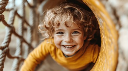 A cheerful young child with curly blond hair is playing joyfully in a yellow tube playground, capturing the essence of childhood excitement and innocence with a big smile.