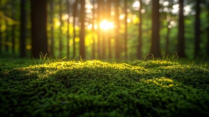 Wall Mural - sunlight filters through tall trees, illuminating lush green moss in a tranquil forest at dusk