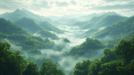 Wall Mural - lush green valley shrouded in mist, showcasing mountains and dense forests in the early morning hour