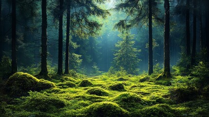 Wall Mural - sunlight filters through tall trees illuminating a lush, green forest floor in the morning mist duri