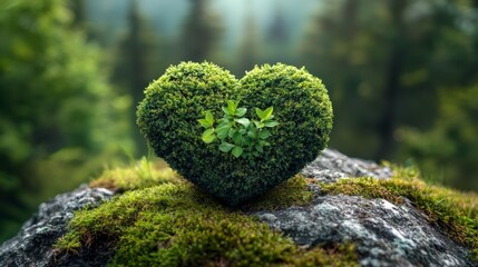 Wall Mural - a heart-shaped moss sculpture sits on a stone, surrounded by greenery in a tranquil forest during th