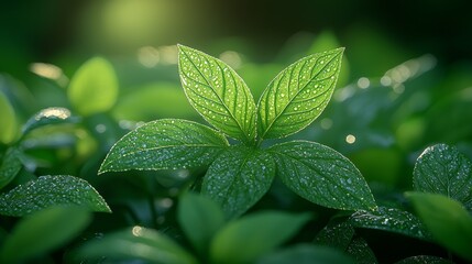 Wall Mural - fresh green leaves with water droplets glistening in sunlight in a lush garden during early morning 
