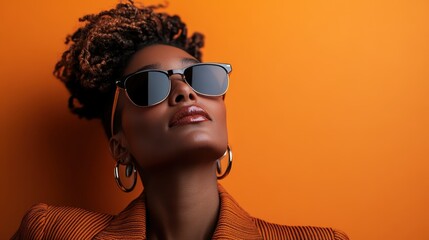 A woman wearing an orange blazer poses against an orange background, showcasing her unique hairstyle and accessorizing with large hoop earrings and glasses.