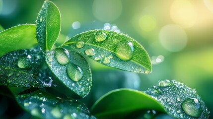 Wall Mural - close-up of dew-covered green leaves glistening in morning light amidst a lush garden environment