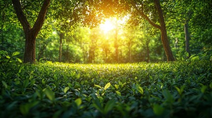 Wall Mural - serene forest landscape with gentle sunlight filtering through trees in lush greenery during late af