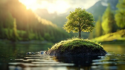 Wall Mural - a solitary tree on a small island in a serene lake surrounded by lush mountains during golden hour