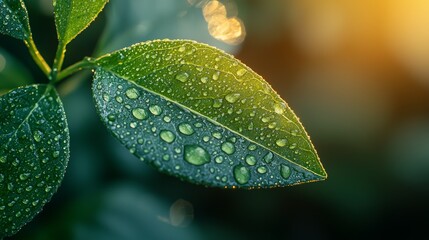 Wall Mural - close-up of dewy green leaves illuminated by soft morning light outdoors in a vibrant garden setting