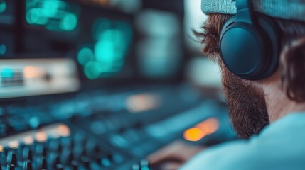 A man wearing headphones is seen concentrating in a music recording studio filled with various electronic equipment and digital displays, creating a focused environment.