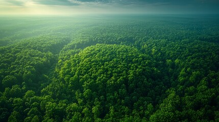 Wall Mural - lush green forest landscape viewed from above in early morning light showcasing diverse treetops and