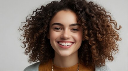 A smiling woman with curly hair wearing street-style clothing isolated on a white background