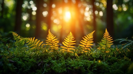 Wall Mural - golden ferns illuminated by sunlight in a lush forest setting during the early evening hours