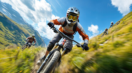 Wall Mural - Cyclist speeding downhill during a mountain bike race with friends