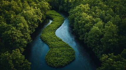 Wall Mural - aerial view of a winding river surrounded by lush green trees in a serene natural landscape during d