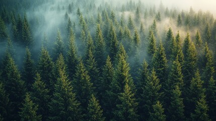 Wall Mural - aerial view of dense evergreen forest shrouded in morning mist with sunlight filtering through the t