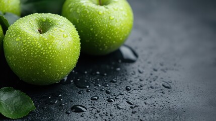 Wall Mural - An image depicting fresh green apples with water droplets on their skin, positioned on a dark and wet surface, embodying freshness and irresistible appeal.