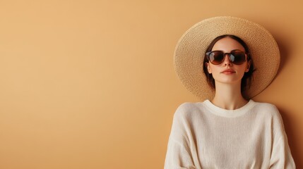 A woman wearing a stylish straw hat and dark sunglasses poses in front of a beige background, exuding a sense of relaxed and casual elegance.