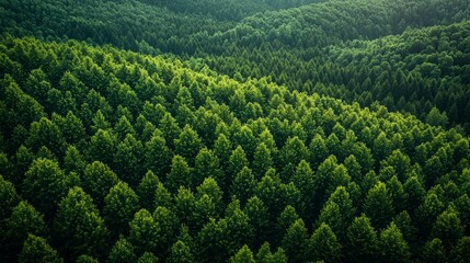 Wall Mural - vast green forest landscape showcasing diverse tree patterns under soft natural light in late mornin
