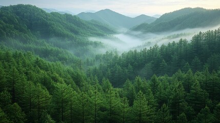Wall Mural - a tranquil morning in the mountains showcasing a lush green forest shrouded in mist under soft sunli