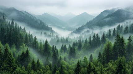 Wall Mural - serene morning mist envelops lush green forested valleys in the majestic mountains during early dayl