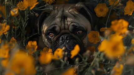 Wall Mural -  A sad-looking Pug in close-up, amongst flowery blooms, gazes at the camera