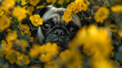 Wall Mural -  A sad Pug up close amongst flower blooms