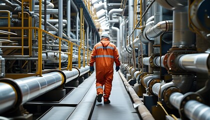 Hazmat-clad workers navigating a maze of towering metal pipes within an industrial facility