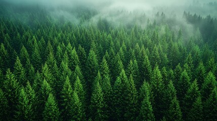 Wall Mural - lush evergreen forest blanketed in morning mist, showcasing vibrant green trees and serene tranquili
