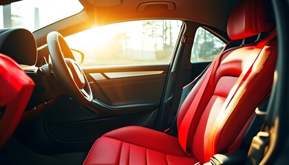 Wall Mural - Sunlit car seat featuring vibrant red safety harnesses, highlighting comfort and security in contemporary travel