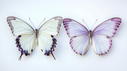 beautiful isolated two butterflies white background purple butterfly wing pattern detail fashion happy young light pretty wild blue fun stylish studio girl tropical exotic monarch day flying pastel