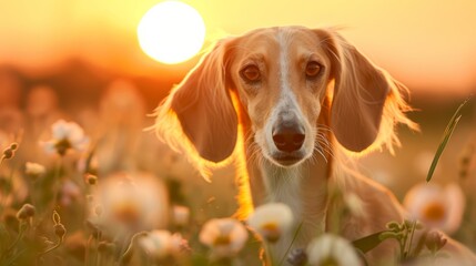 Wall Mural -  A tight shot of a dog among flowers in a field, sun casting light from behind, figure of a person nearby in the foreground