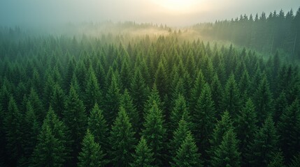 Wall Mural - a lush green forest at sunrise enveloped in mist with towering trees stretching towards the soft mor