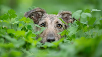 Wall Mural -  A dog's face, nose and eyes close-up, peering out from verdant leaves, in a field