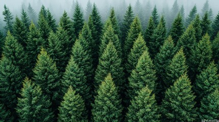 Wall Mural - lush evergreen forest with dense conifer trees shrouded in mist during early morning light in a tran