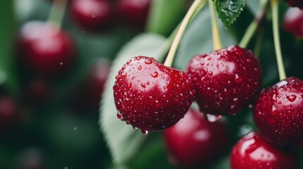 Wall Mural - Detailed close-up of several fresh red cherries with water droplets, hanging amidst green leaves, emphasizing their juicy and succulent nature, symbolizing freshness.