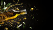 © Viktoriia - Olive oil bottle spilling golden liquid with olives and leaves in motion against a dark background, representing purity and richness.