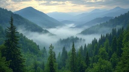 Wall Mural - a serene morning in the mountains showcases a misty valley surrounded by tall trees under a soft blu