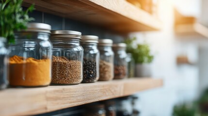 A collection of spice jars neatly arranged on a wooden shelf in a bright kitchen. The sunlight shines through, accentuating the colors and textures of the spices.