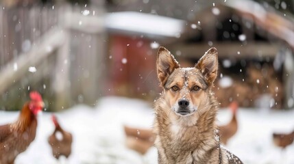 Wall Mural -  A dog stands in the snowy backdrop, surrounded by a cluster of chickens in the distance A solitary chicken is featured up front