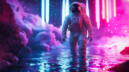 Wall Mural - An astronaut walking in the water of an alien planet